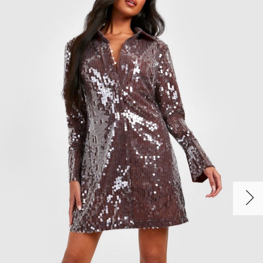 SEQUIN SPLIT CUFF POWER SHOULDER SHIRT PARTY DRESS